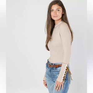 Free People Beige Ribbed Long Sleeve Top with Lace-Up Sleeves